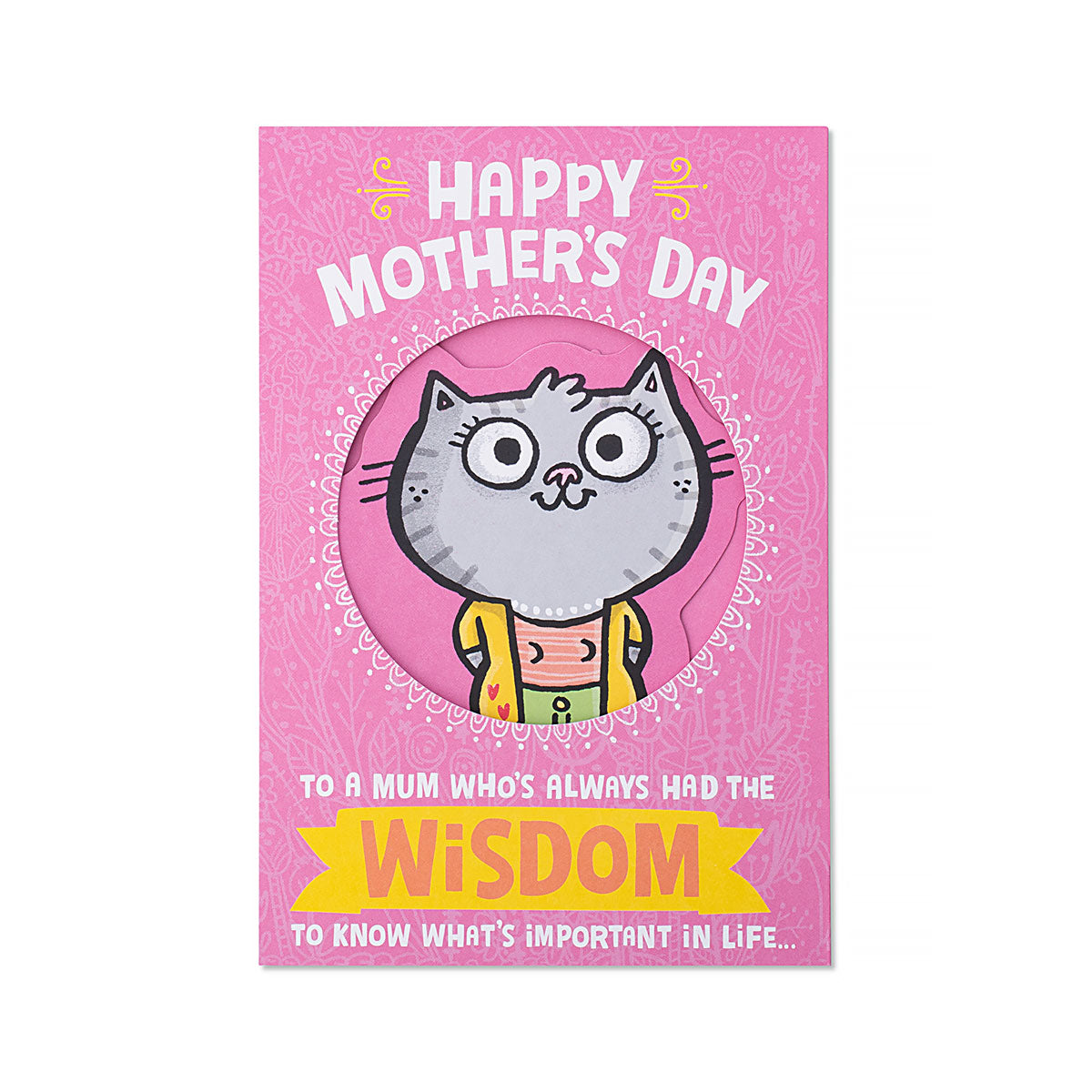 Hallmark Mother's Day Card - Happy Mother's Day featuring a fun illustrated cat design on a pink background, close up view.