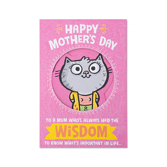 Hallmark Mother's Day Card - Happy Mother's Day featuring a fun illustrated cat design on a pink background, close up view.
