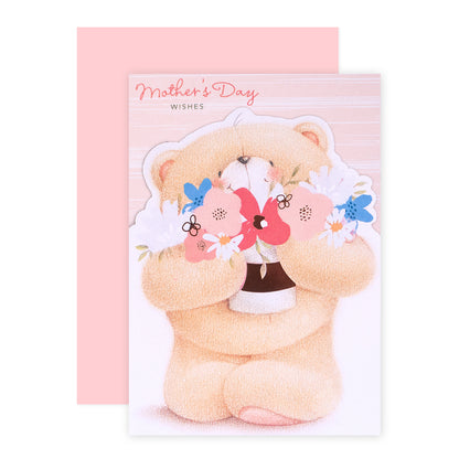 Hallmark Forever Friends Mother's Day Card - Love & Hugs featuring a bear holding flowers, illustration detail, and pink envelope.