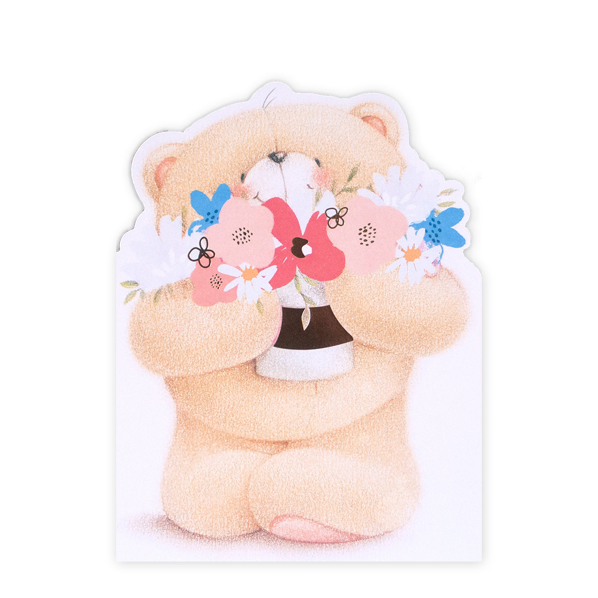 Hallmark Forever Friends Mother's Day Card - Love & Hugs featuring a bear holding a floral bouquet with colourful flowers and cute detailing.