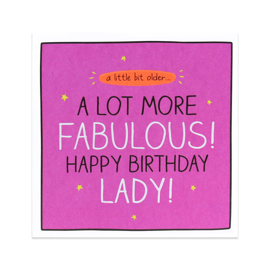 Hallmark Happy Jackson Birthday Card - Fabulous Lady, vibrant pink design, embossed stars, celebratory message, flat lay view.