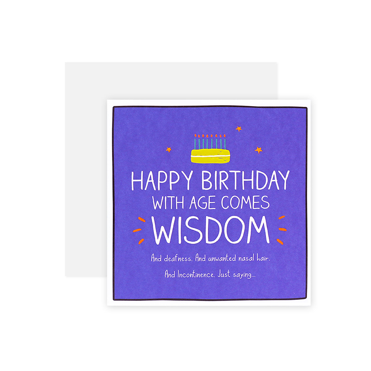 Hallmark Happy Jackson birthday card featuring purple design, cake illustration, and humorous text, flat lay view.
