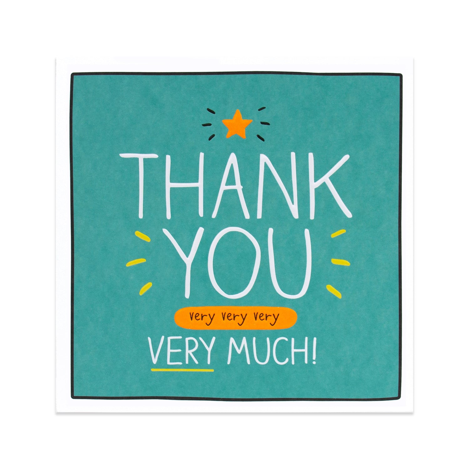 Hallmark Happy Jackson Thank You Card - Very Very Very Very Much with neon highlights and star illustration, flat lay design.