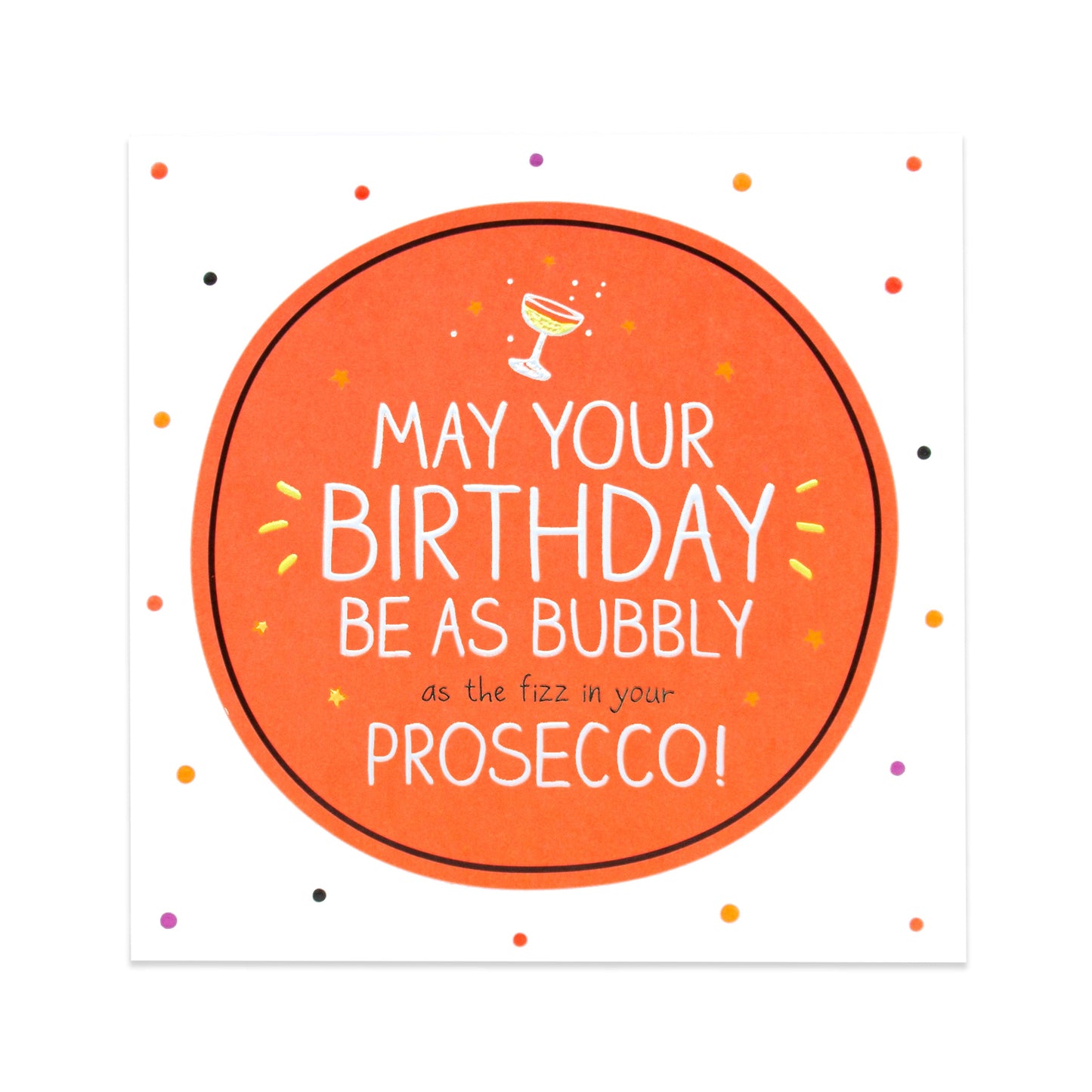 Hallmark Happy Jackson Birthday Card - Bubbly Prosecco featuring a bright orange circle design with festive dots and a champagne glass illustration.