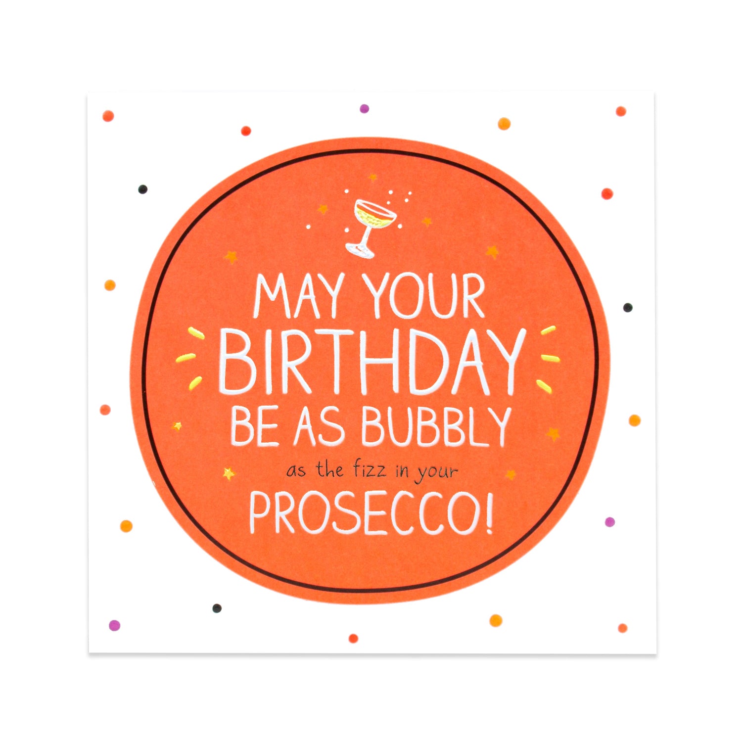 Hallmark Happy Jackson Birthday Card - Bubbly Prosecco featuring a bright orange circle design with festive dots and a champagne glass illustration.