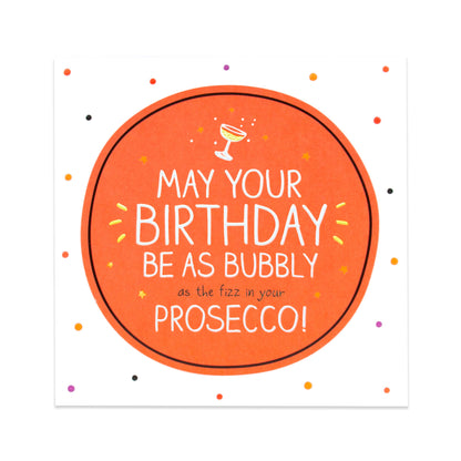 Hallmark Happy Jackson Birthday Card - Bubbly Prosecco featuring a bright orange circle design with festive dots and a champagne glass illustration.