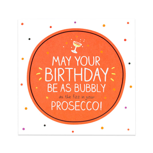 Hallmark Happy Jackson Birthday Card - Bubbly Prosecco featuring a bright orange circle design with festive dots and a champagne glass illustration.