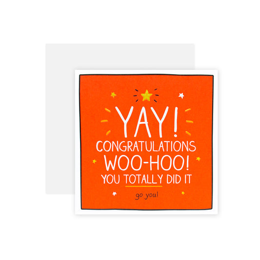 Hallmark Happy Jackson Congratulations Card - Woo-Hoo! featuring an orange design with neon text and star illustrations, blank inside.