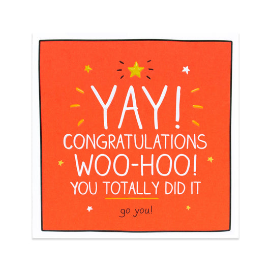 Hallmark Happy Jackson Congratulations Card - Woo-Hoo! featuring bright orange colour and neon message celebrating achievements.