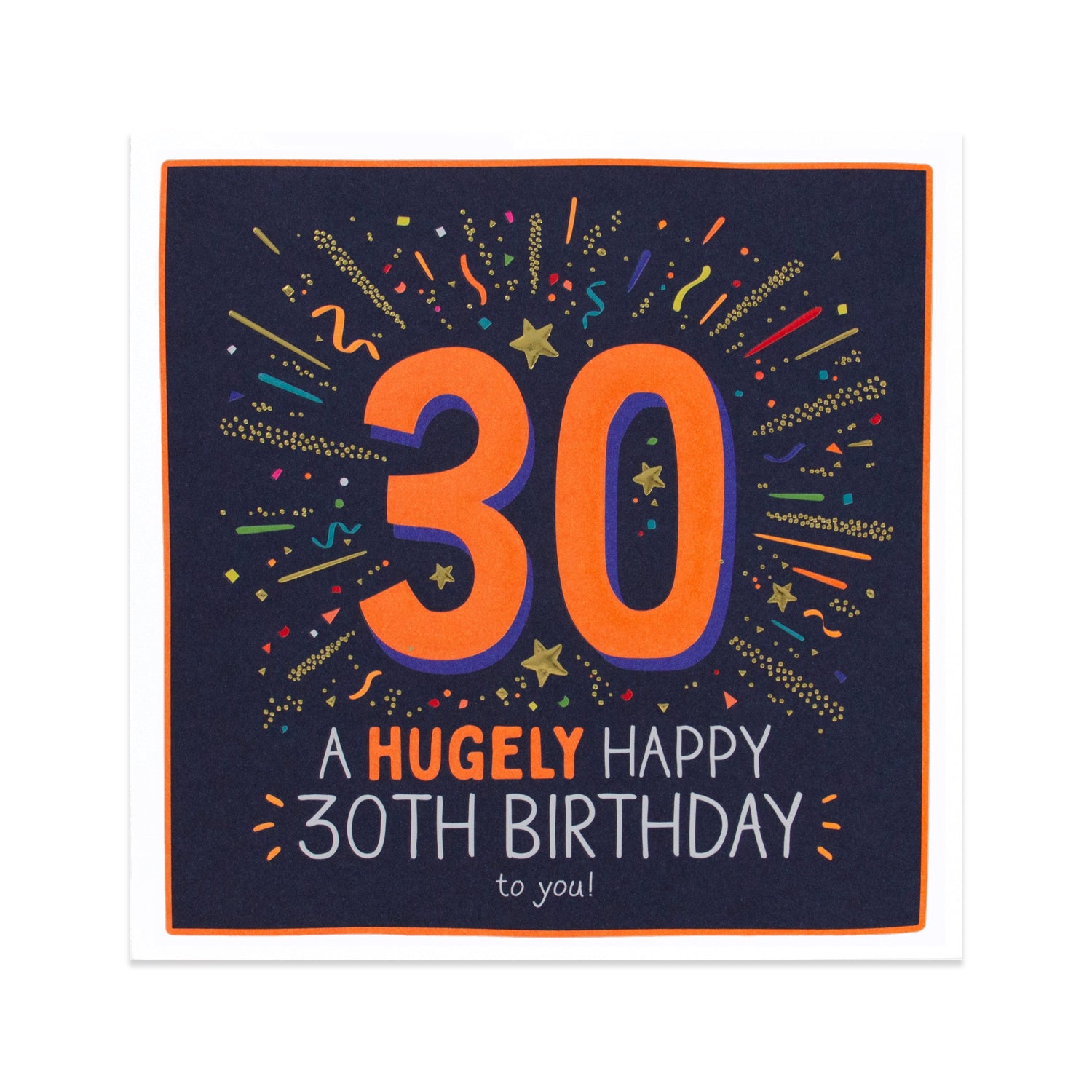 Hallmark Happy Jackson 30th Birthday Card - Hugely Happy with vibrant confetti illustrations and gold foil highlights.