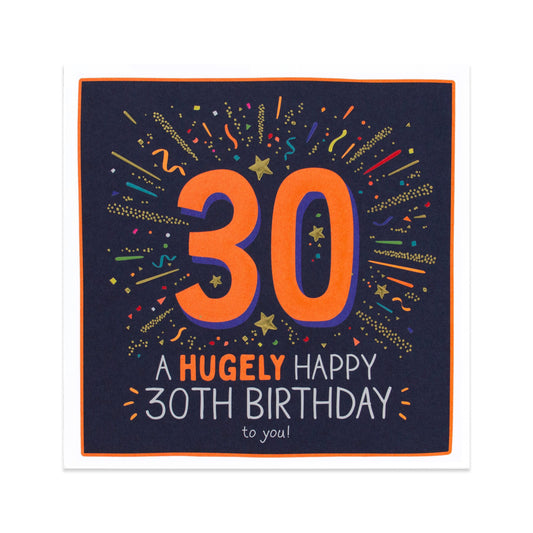 Hallmark Happy Jackson 30th Birthday Card - Hugely Happy with vibrant confetti illustrations and gold foil highlights.