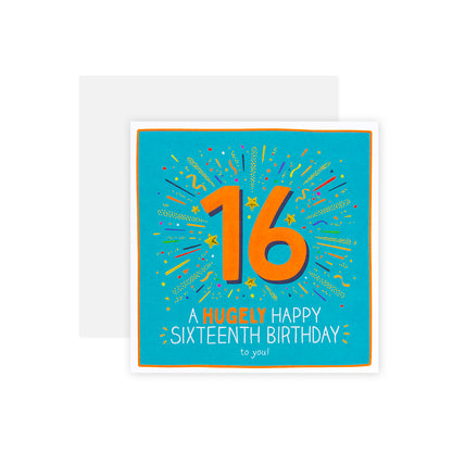 Hallmark Happy Jackson 16th Birthday Card - Hugely Happy featuring bright colours, embossed elements, and confetti design on the cover.