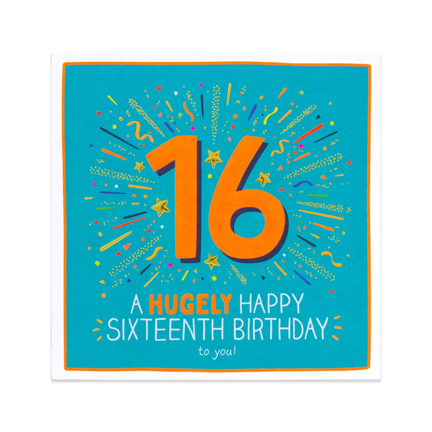 Hallmark Happy Jackson 16th Birthday Card - Hugely Happy in vibrant blue, featuring bold '16' and decorative confetti design.