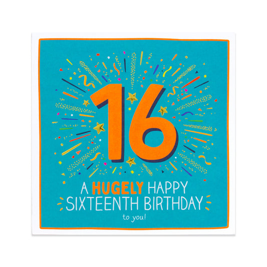 Hallmark Happy Jackson 16th Birthday Card - Hugely Happy in vibrant blue, featuring bold '16' and decorative confetti design.