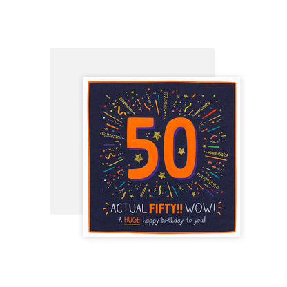 Hallmark Happy Jackson 50th Birthday Card - Wow! featuring neon inks and confetti illustrations on a navy background.
