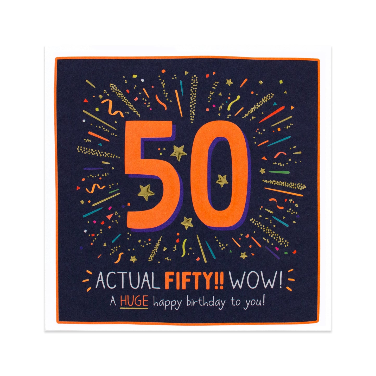Hallmark Happy Jackson 50th Birthday Card - Wow! featuring neon inks and confetti illustrations on a dark background.