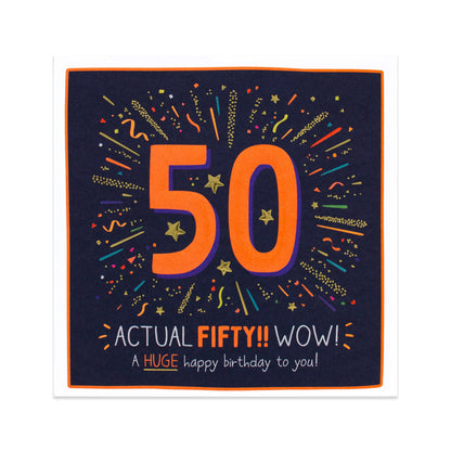 Hallmark Happy Jackson 50th Birthday Card - Wow! featuring neon inks and confetti illustrations on a dark background.