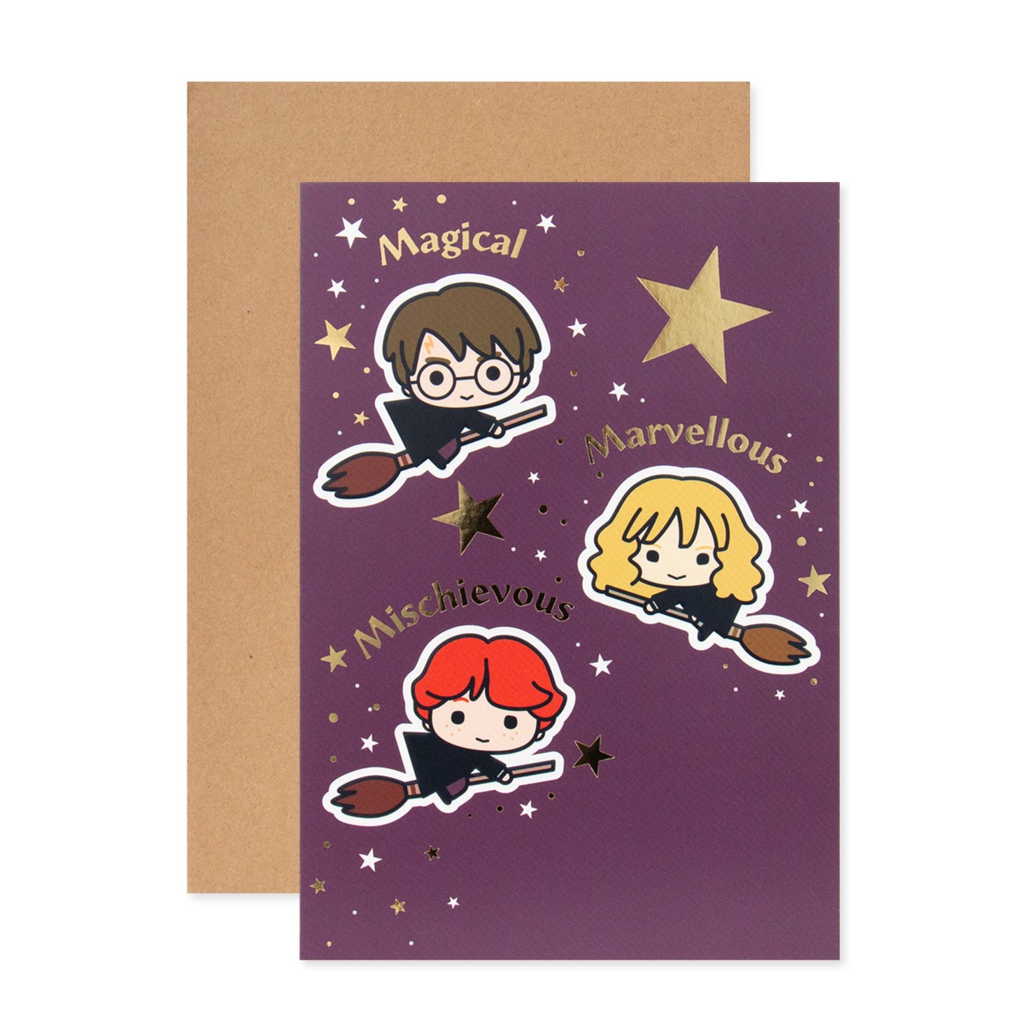 Hallmark Harry Potter Personalisable Birthday Card features cute character icons and gold foil details on a purple background.