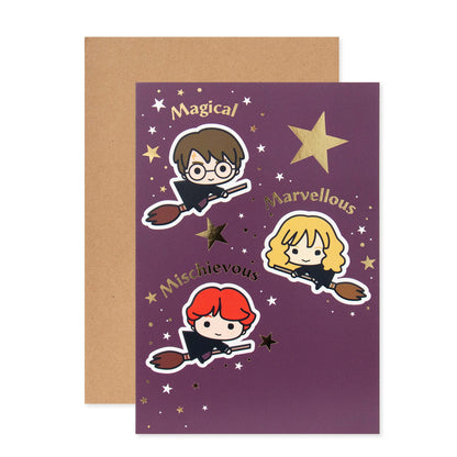 Hallmark Harry Potter Personalisable Birthday Card features cute character icons and gold foil details on a purple background.