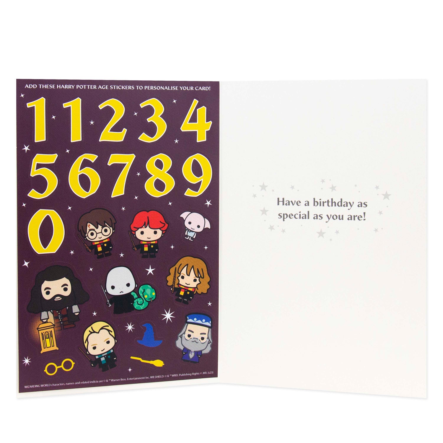 Hallmark Harry Potter personalisable birthday card featuring age stickers, cartoon characters, and interior message on cardstock.