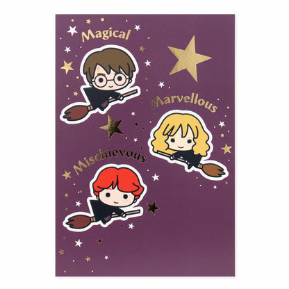 Hallmark Harry Potter Personalisable Birthday Card featuring cute icons of Harry, Ron, and Hermione with gold foiled detailing on a purple background.