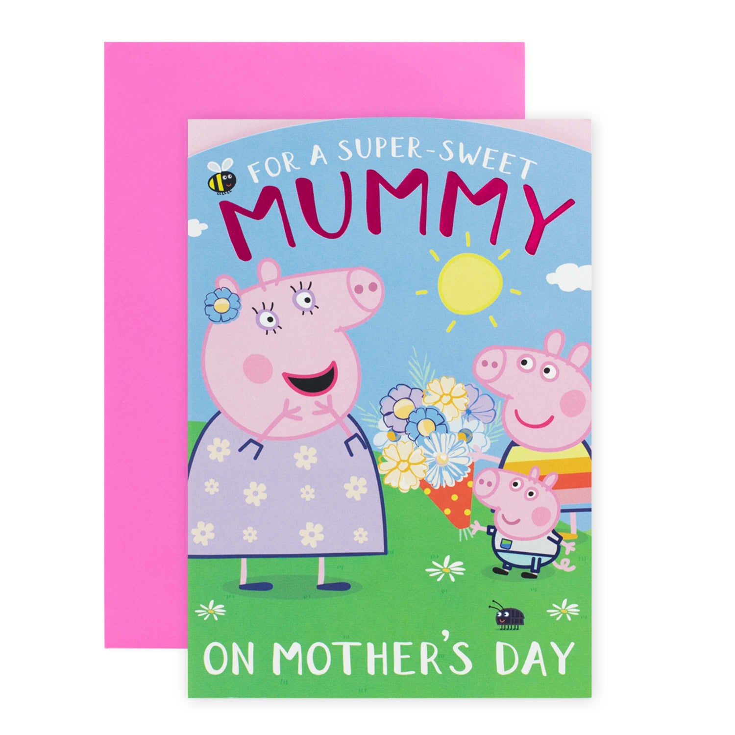 Hallmark Peppa Pig Mother's Day Card - Super Sweet, colourful illustration with Peppa and George Pig, featuring pink foil highlights and floral bouquet.