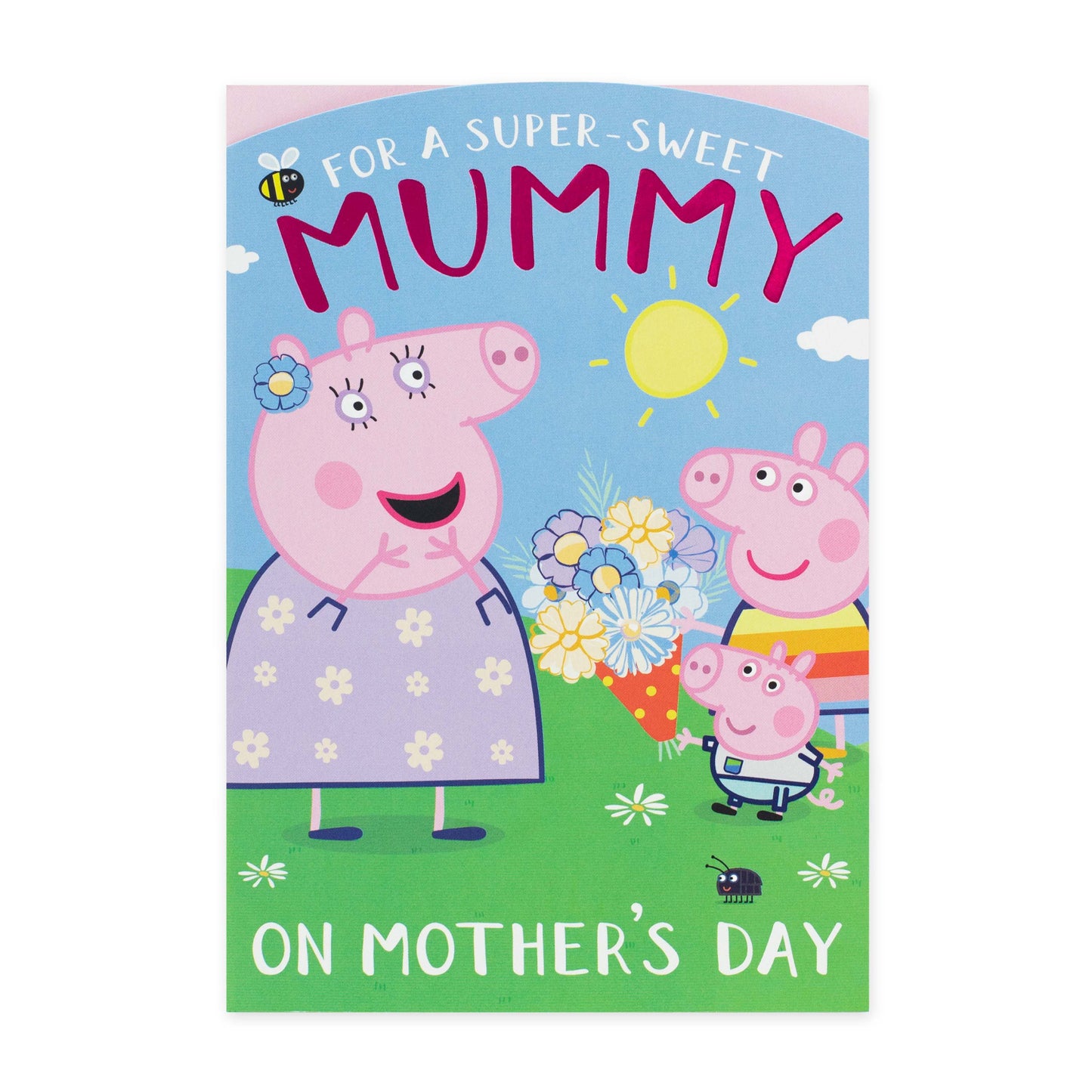 Hallmark Peppa Pig Mother's Day card - super sweet, featuring Peppa and George Pig with flowers, bright colours, flat lay presentation.