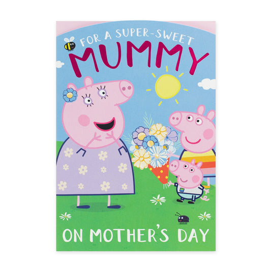 Hallmark Peppa Pig Mother's Day card - super sweet, featuring Peppa and George Pig with flowers, bright colours, flat lay presentation.
