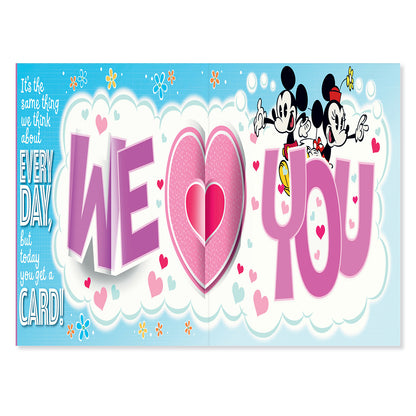 Hallmark Mother's Day Card - Mickey & Minnie pop-out card with pink heart detail and colourful message inside, flat lay view.