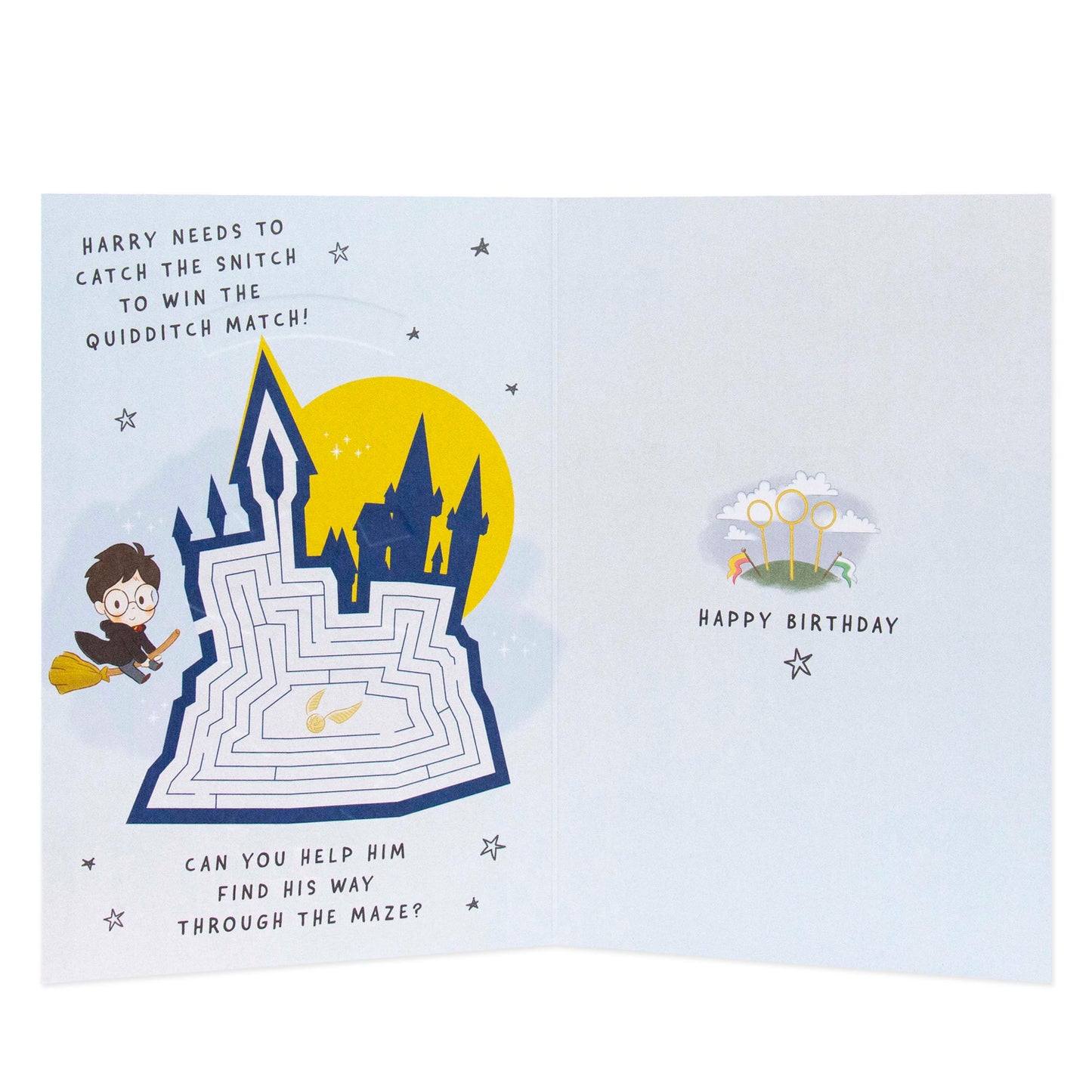 Connections from Hallmark Birthday Card - Harry Potter, interactive maze design inside, features Harry in Quidditch scene, blue and yellow elements.