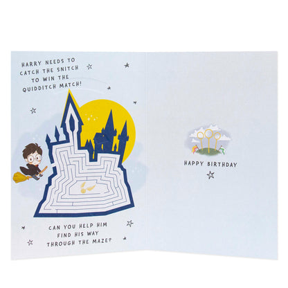 Connections from Hallmark Birthday Card - Harry Potter, interactive maze design inside, features Harry in Quidditch scene, blue and yellow elements.