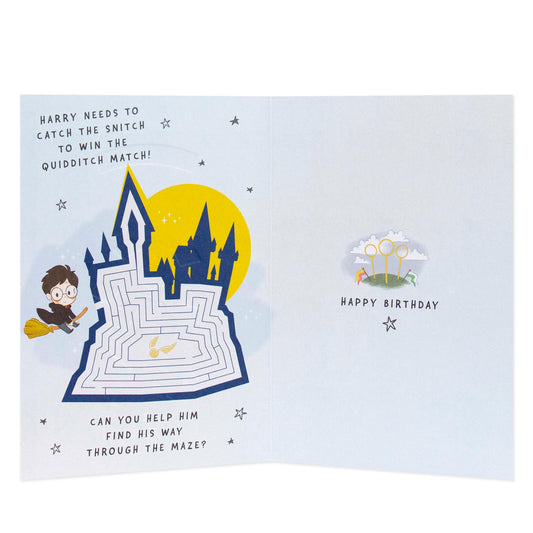 Connections from Hallmark Birthday Card - Harry Potter, interactive maze design inside, features Harry in Quidditch scene, blue and yellow elements.