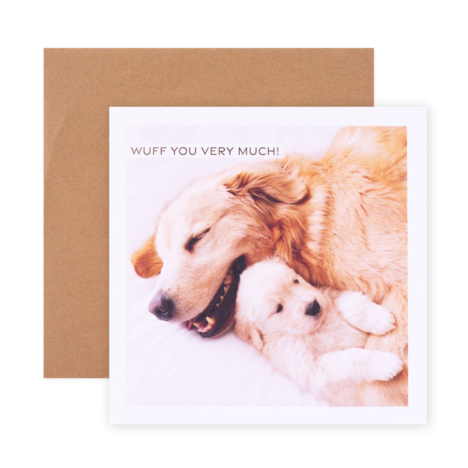 Hallmark Mother's Day Card - Wuff You featuring a golden retriever and puppy, embossed front with kraft envelope.