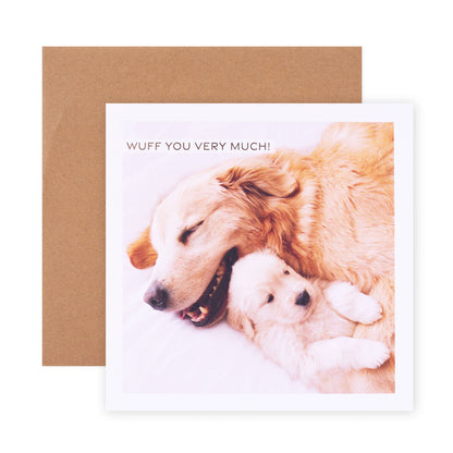 Hallmark Mother's Day Card - Wuff You featuring a golden retriever and puppy, embossed front with kraft envelope.