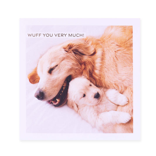 Hallmark Mother's Day Card - Wuff You with golden retriever dog and puppy cuddling, featuring embossed design and gold foil highlights.