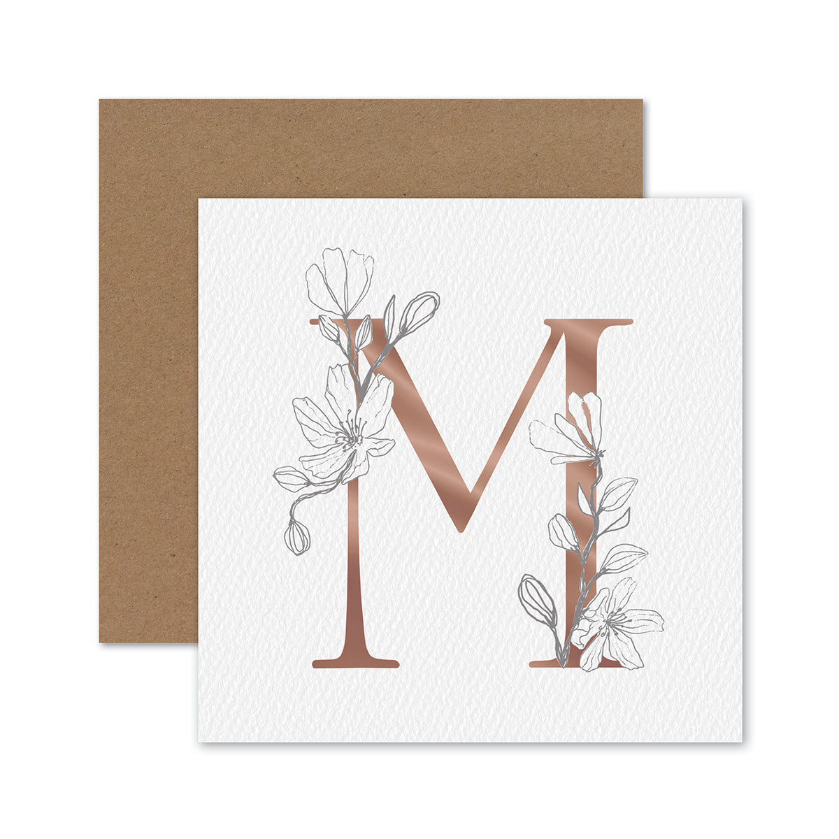 Hallmark Mother's Day Card - M for Mum featuring a gold foiled capital M design with floral elements, paired with a kraft envelope.