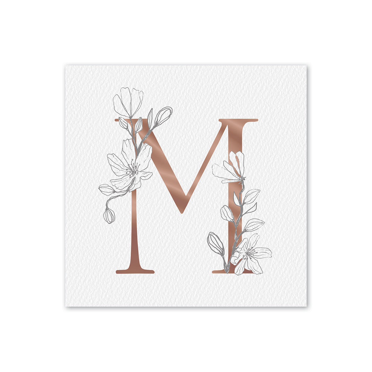 Hallmark Mother's Day Card - M for Mum, floral design with a rose gold letter M on textured white stock, square format.