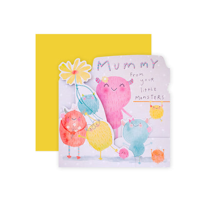 Hallmark Mother's Day Card - Little Monsters features colourful monster illustrations holding flowers with a pink Mummy monster design.