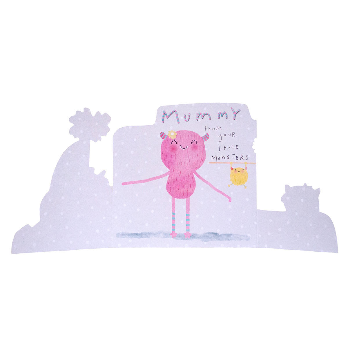 Hallmark Mother's Day Card - Little Monsters with a pink monster illustration and a yellow monster, highlighting a heartfelt message inside.