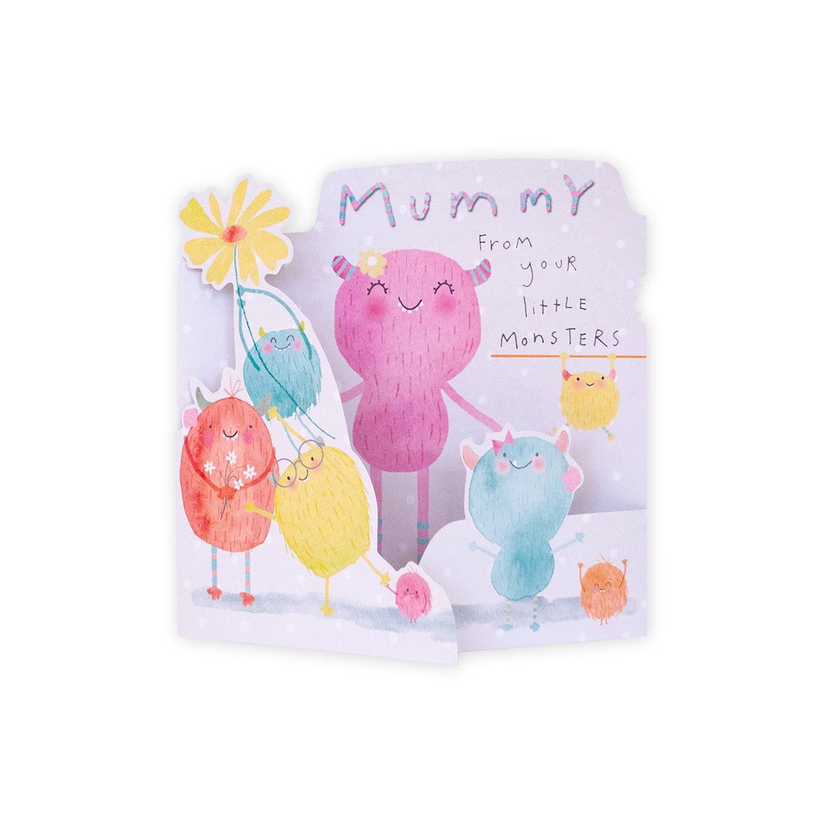 Hallmark Mother's Day Card - Little Monsters featuring colourful illustrations of cheerful monsters holding flowers in a pop-up design.