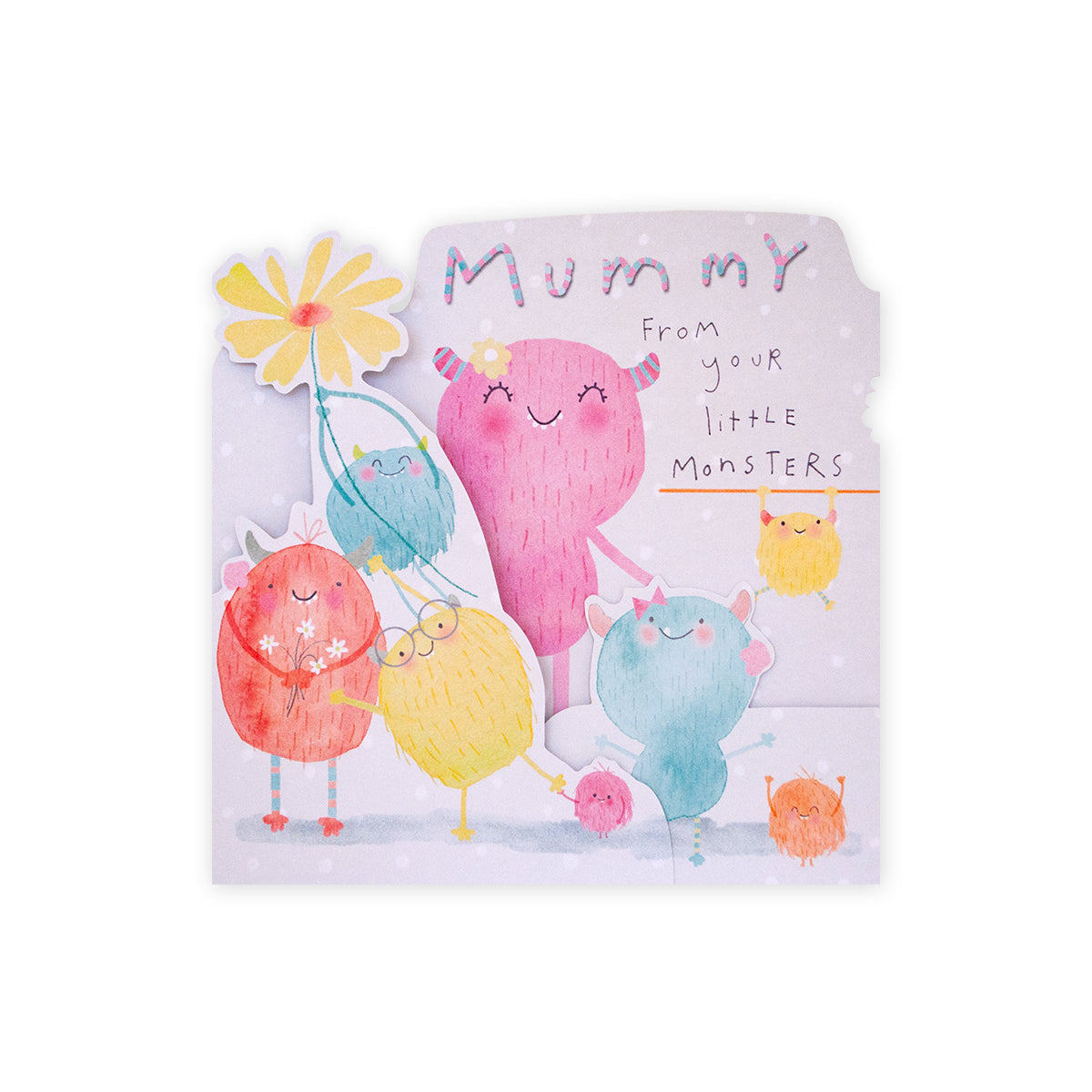Hallmark Mother's Day Card - Little Monsters, colourful monster illustrations with flowers and cute details on front cover.