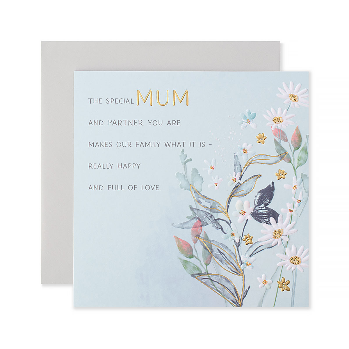Hallmark Mother's Day Card - The special Mum and Partner you are makes our family what it is - really happy and full of love, embossed floral design on pale blue background, flat lay with envelope.