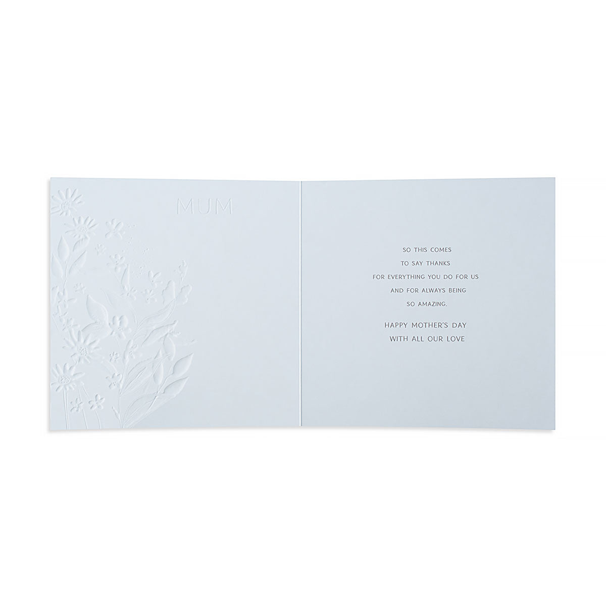 Hallmark Mother's Day Card - The special Mum and Partner you are makes our family what it is - really happy and full of love. Inside view with embossed design.