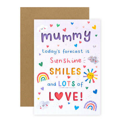 Hallmark Mother's Day Card - Sunshine Smiles featuring colourful illustrations, including a smiling sun, rainbows, hearts, and playful lettering.