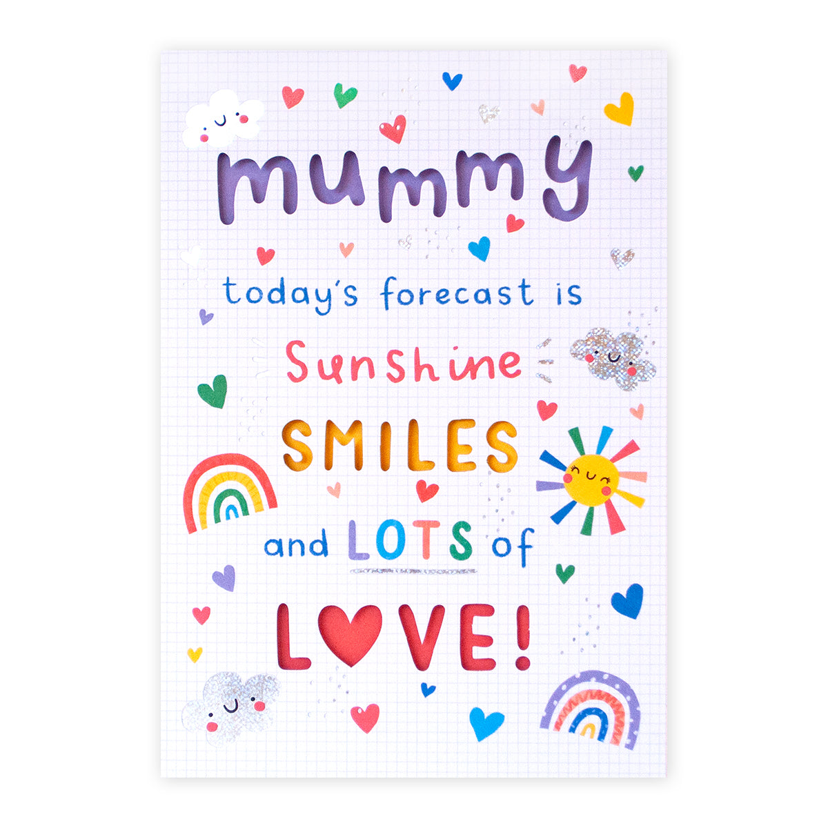 Hallmark Mother's Day Card - Sunshine Smiles featuring colourful illustrations of a smiling sun, clouds and hearts in a cheerful layout.
