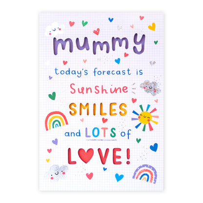 Hallmark Mother's Day Card - Sunshine Smiles featuring colourful illustrations of a smiling sun, clouds and hearts in a cheerful layout.