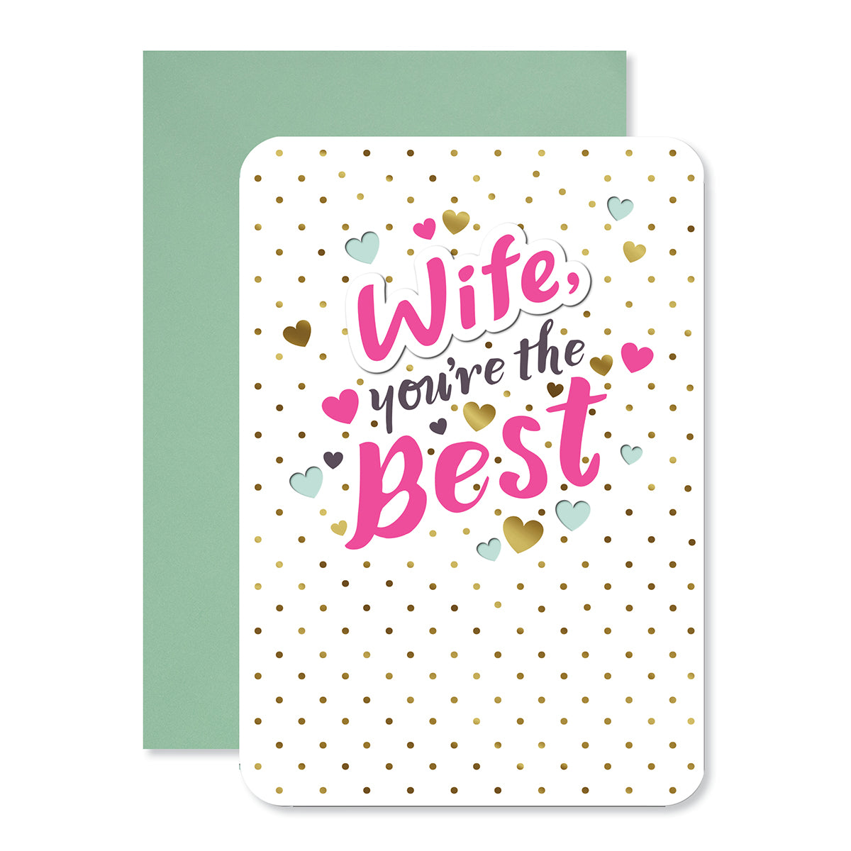 Hallmark Mother's Day Card - Wife, You're the Best with gold foil hearts and colourful lettering on white background