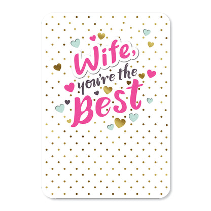 Hallmark Mother's Day Card - Wife, You're the Best, illustrated card with gold foil accents and colourful love hearts on a white background.