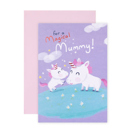 Hallmark Mother's Day Card - Magical Mummy featuring an illustration of two unicorns on a green hill with daisies and a pastel pink envelope.