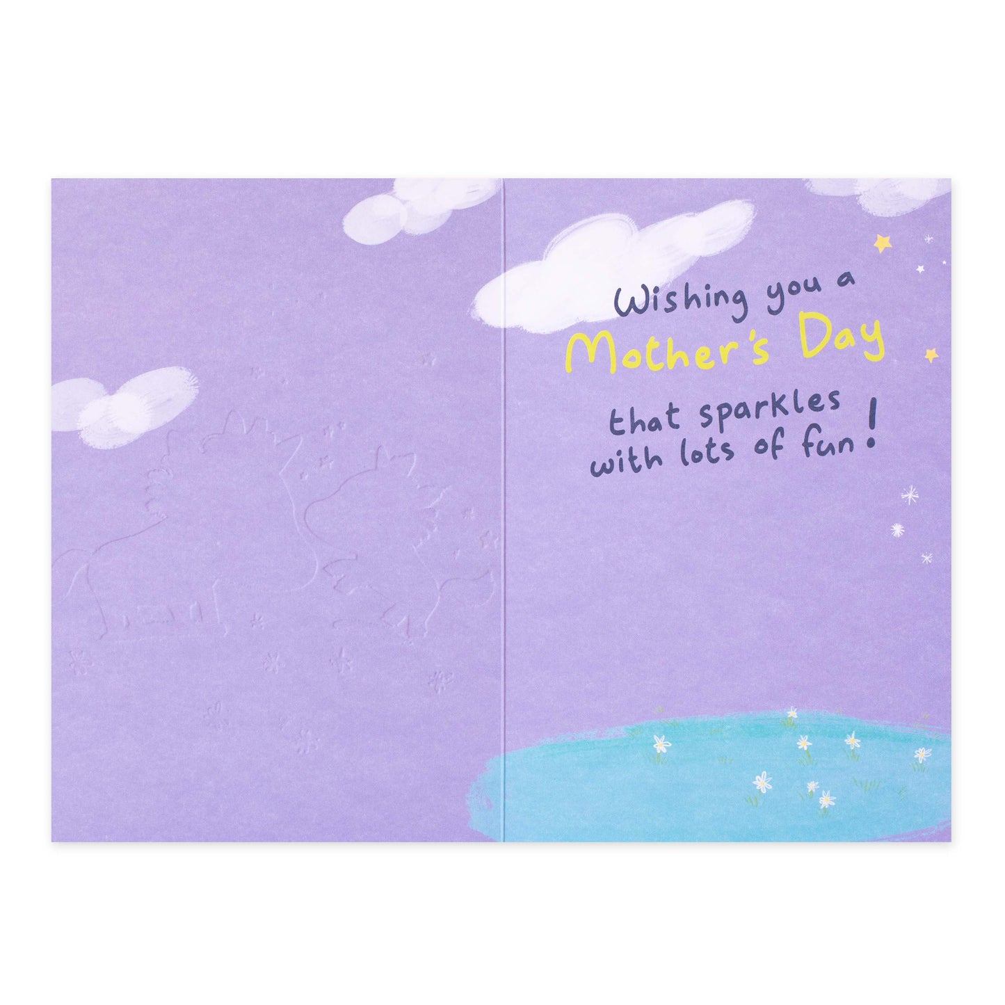 Hallmark Mother's Day Card - Magical Mummy, open view, pastel purple interior, whimsical clouds and sparkly message decorating the inside.